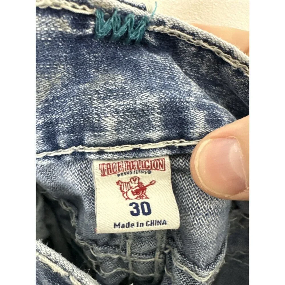 True Religion Men 30X33 Slim Blue Stitch Denim‎ Jeans Stone Wash Distressed